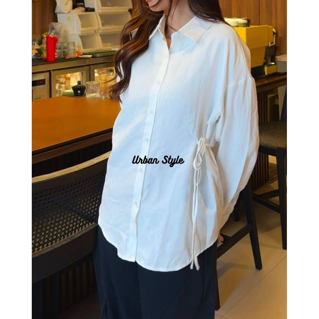 Kemeja Wanita Putih Oversize Impor Modis-Tali Serut Samping