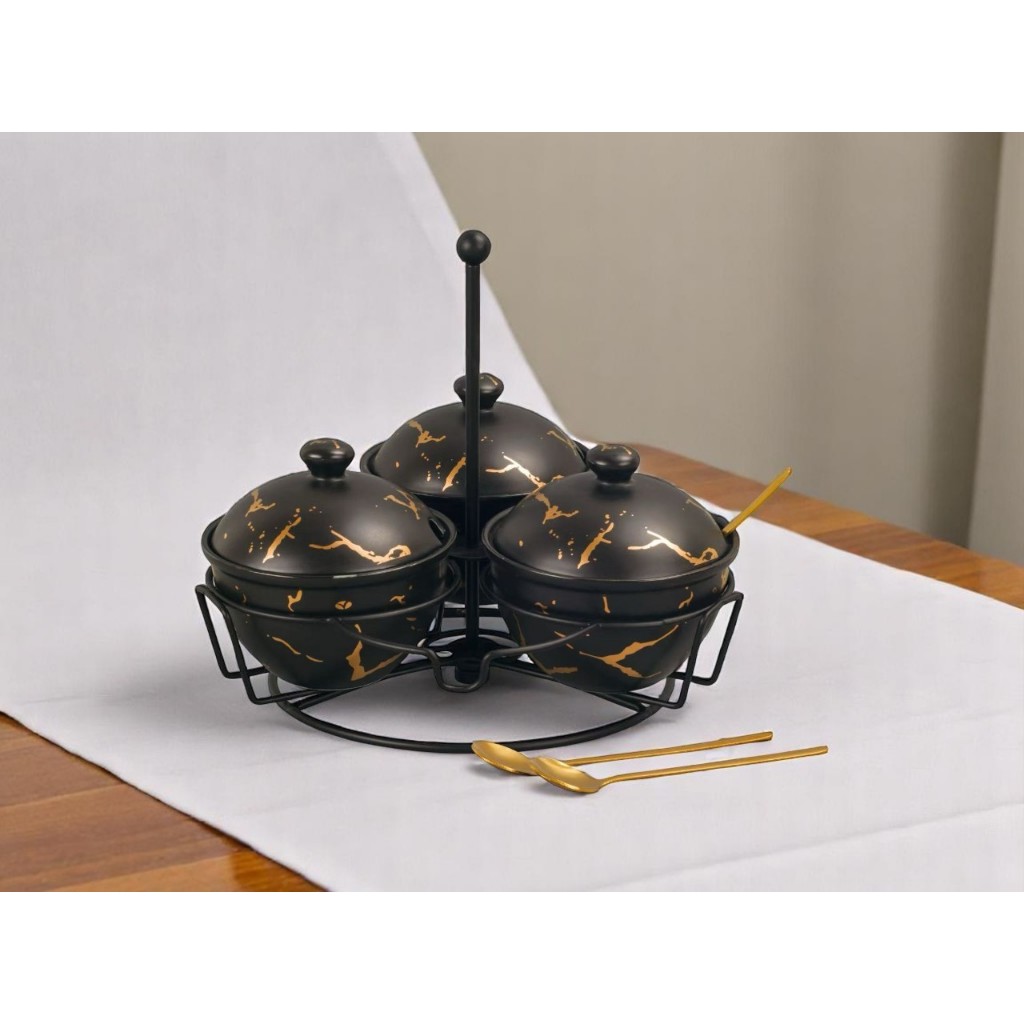 Wadah Sambal Tempat Saos Keramik Susun 3 Putar + Sendok Keramik Vicenza / Tempat Sambal Chili Jar Vi