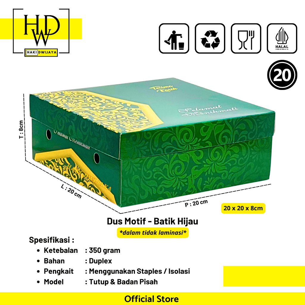 Kemasan Dus / Kotak Nasi dan Snack Ukuran 20x20x8cm Full Colour - Motif Batik Hijau