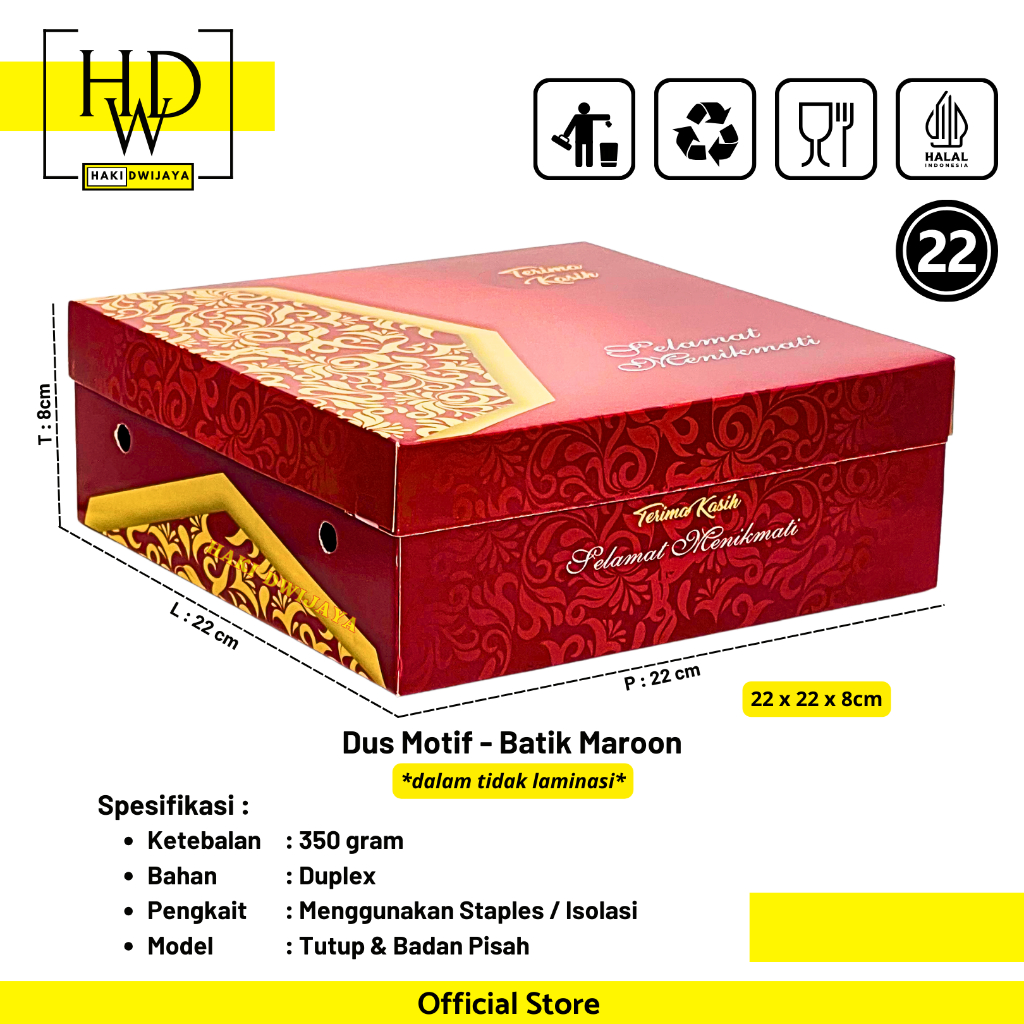 Kemasan Dus / Kotak Nasi dan Snack Ukuran 22x22x8cm Full Colour - Motif Batik Maroon