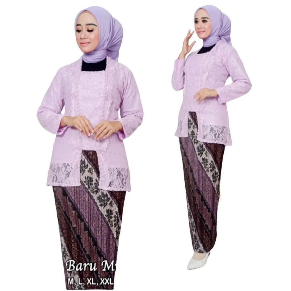 Setelan Kebaya Bahan Brukat Non Gliter Warna Lilac & Rok Plisket Batik Elegan dan Mewah