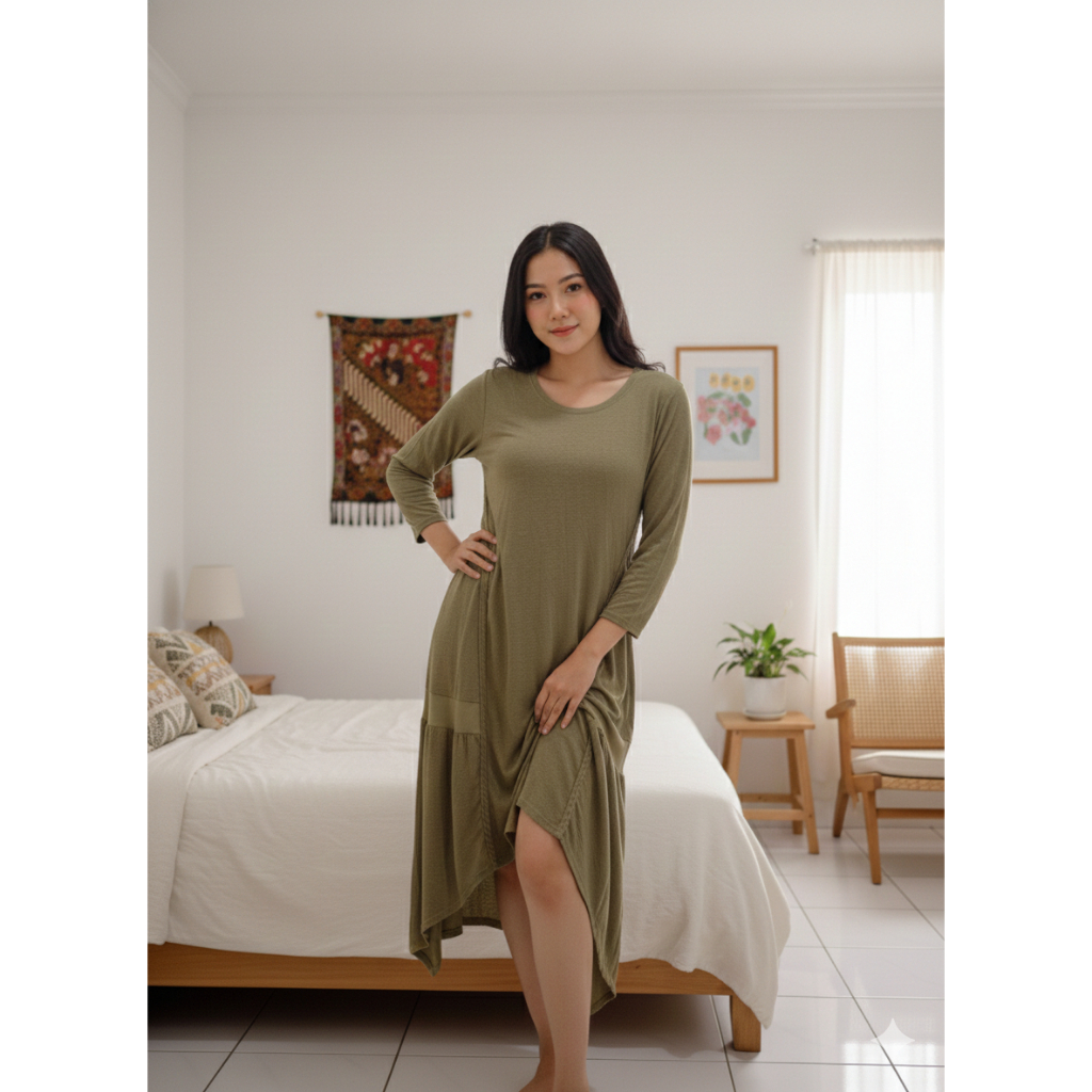 Gaun Midi Hijau Olive