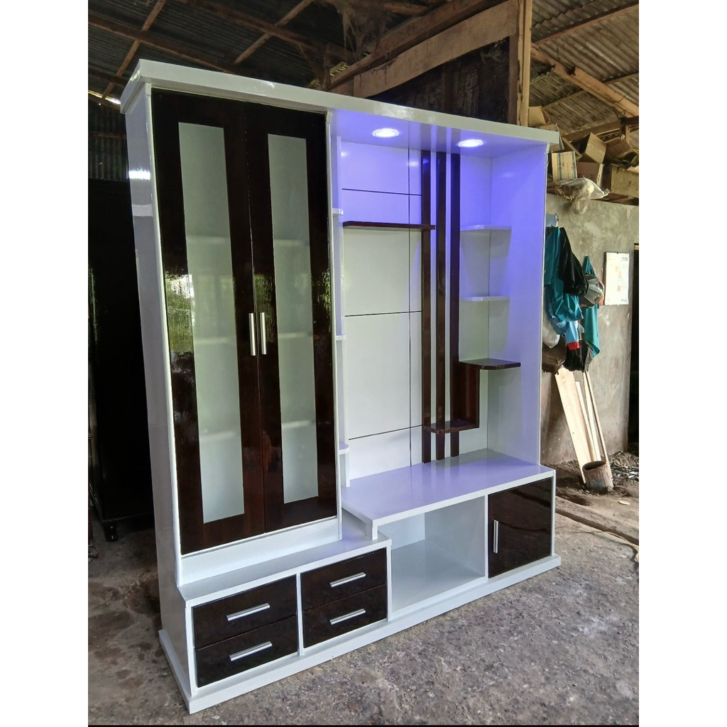 Lemari Hias TV Jumbo Full Kayu - Lampu Led