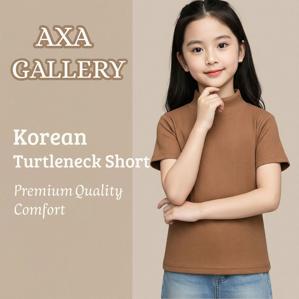 Kaos Anak Cewek Polos Lengan Pendek Rajut Rib Turtleneck Leher Tinggi Kids Korea Style