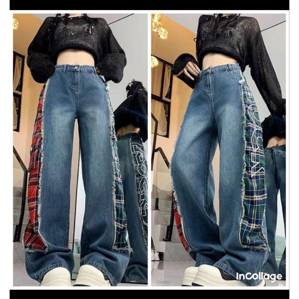 celana jeans import panel kain motif kotak-kotak merah dan hitam
