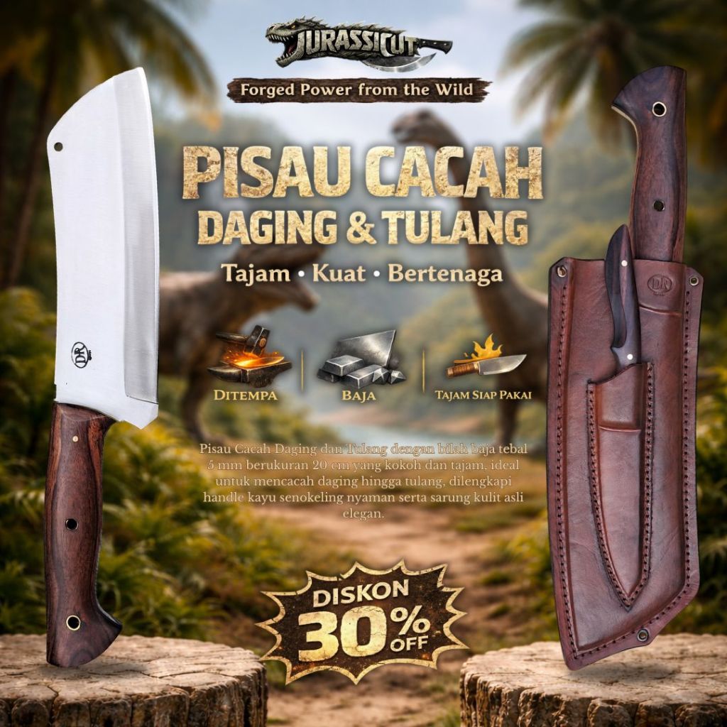 Pisau Cacah Daging dan Tulang 20 cm Baja Full Tang Sarung Kulit Asli