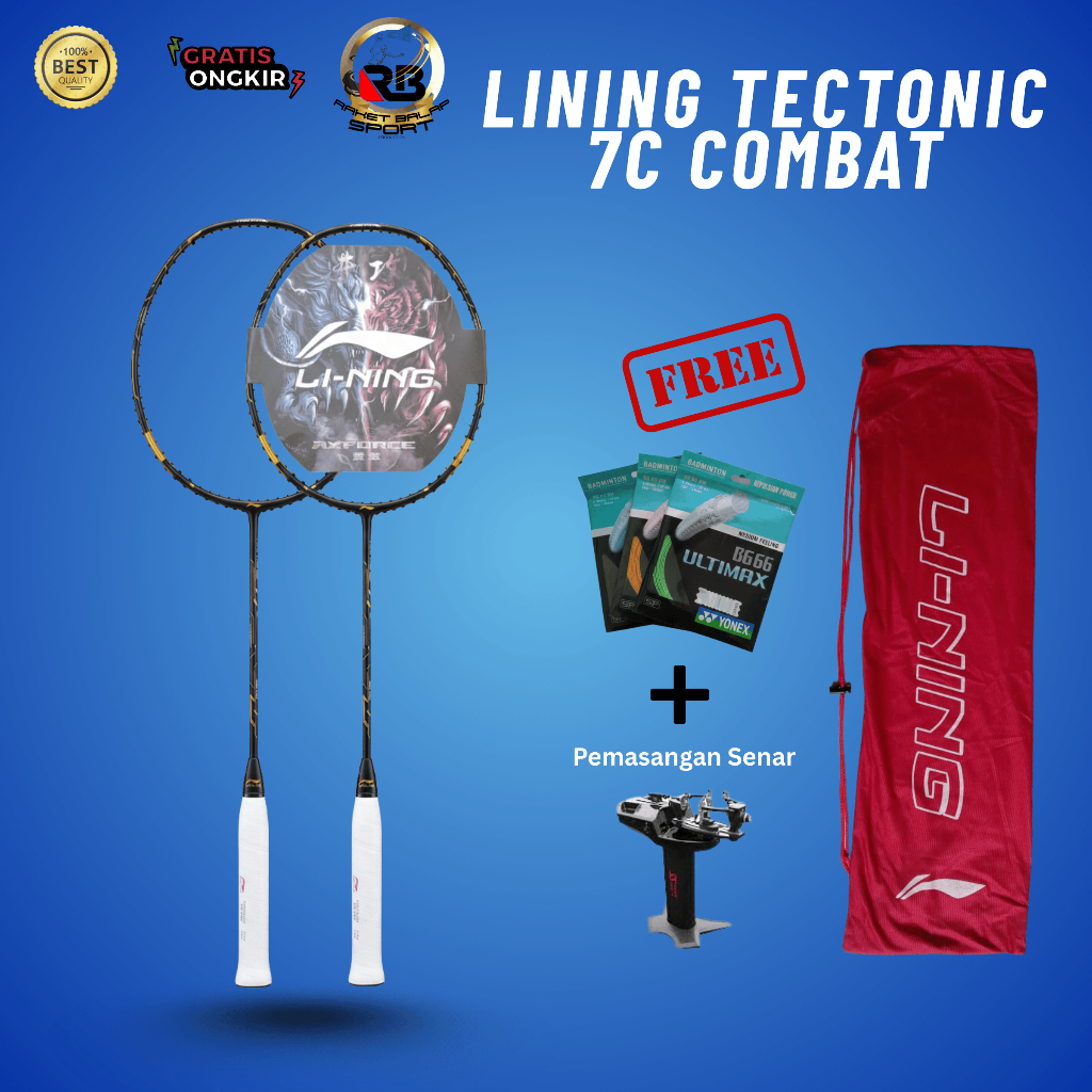 Raket Badminton Lining Tectonic 7C Combat Hitam Bahan Karbon Kualitas Premium Ringan & Kuat