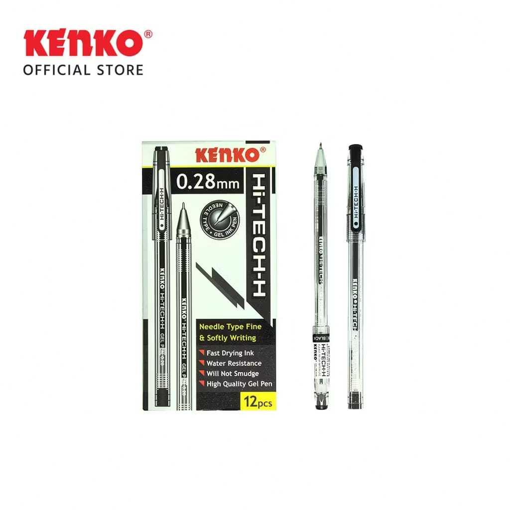 Kenko Hi-Tech-H Gel Pen 0.28mm Needle Tip - Pulpen Gel Kenko 1 Pack (12 Pcs) Hitam