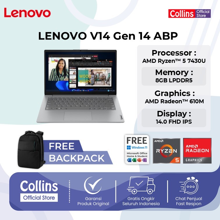 Lenovo V14 Gen 4 AMD Ryzen 5 7430U 8GB 512SSD Windows 11 Office 14 Inch IPS FHD Radeon 7430 ABP 5BID