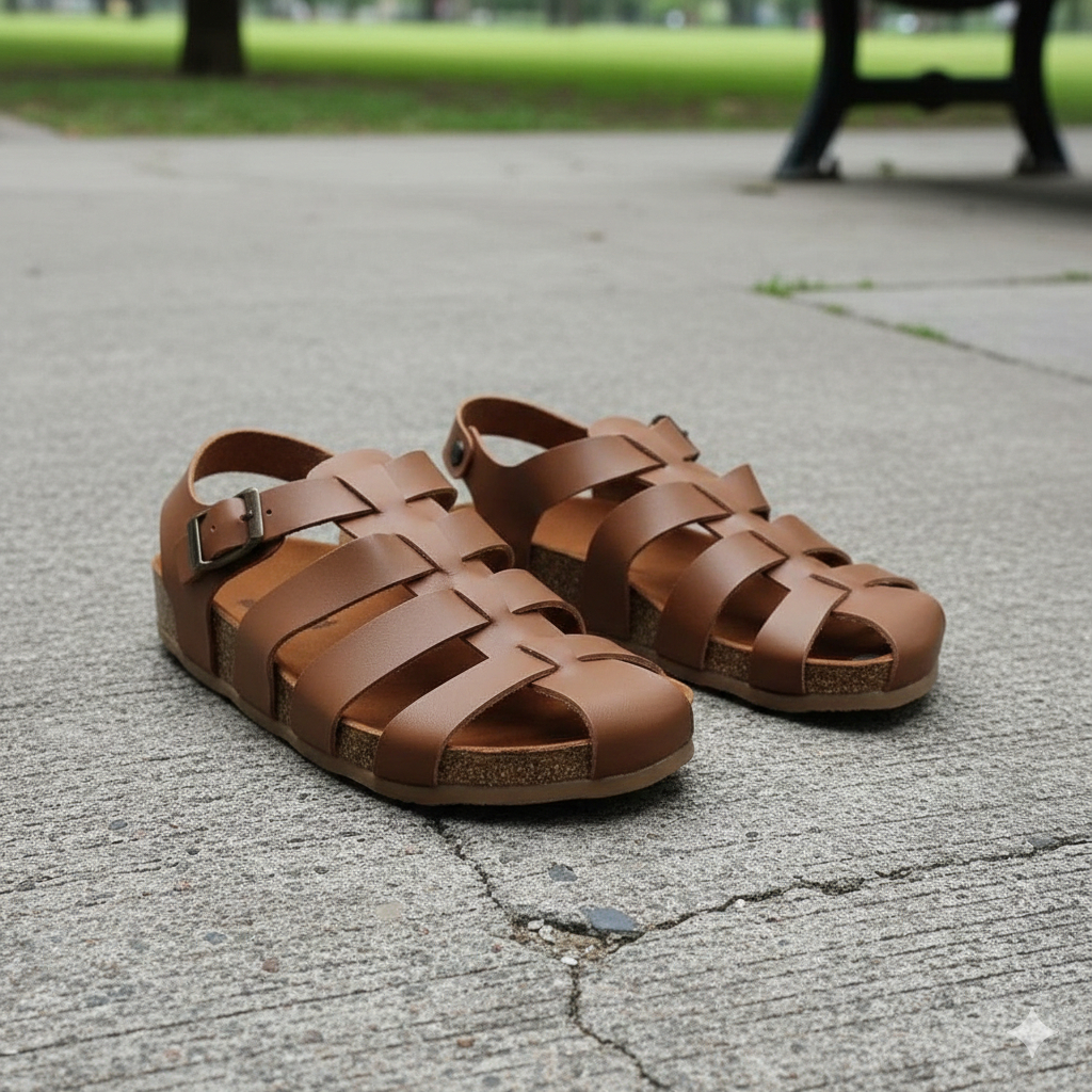 Sandal Pria Romawi Gladiator Kulit Coklat Handmade - Sandal Jumbo Size 44 45 46 Big Size - Sandal Ka