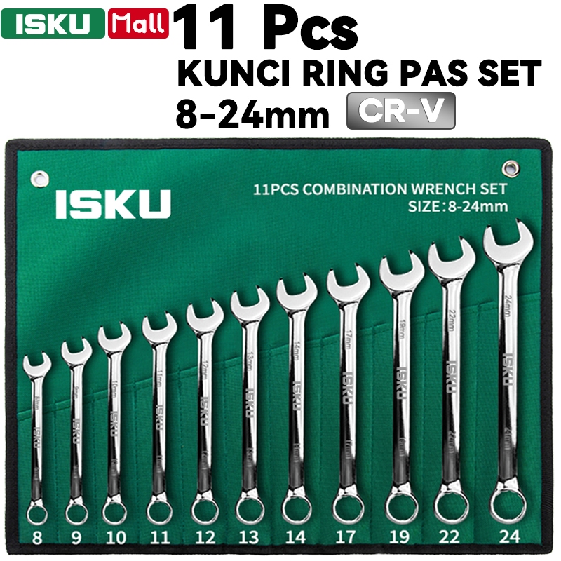 ISKU Kunci Ring Pas Set 11 Pcs 8-24mm CR-V Mirror Polish Combination Wrench Spanner Set Lengkap Heav