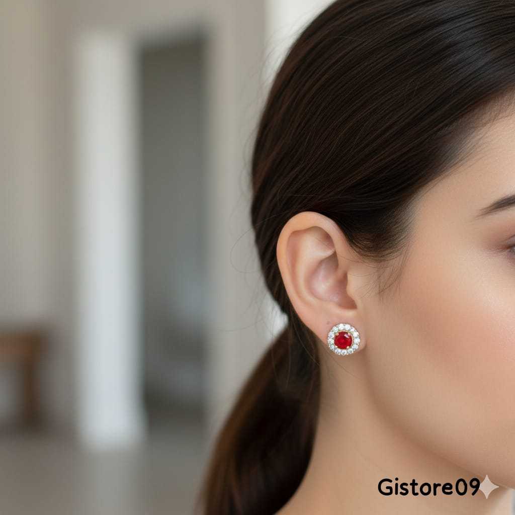 PERMATA DELIMA Anting Giwang Tusuk 18k Bulat Merah Full Permata Emas