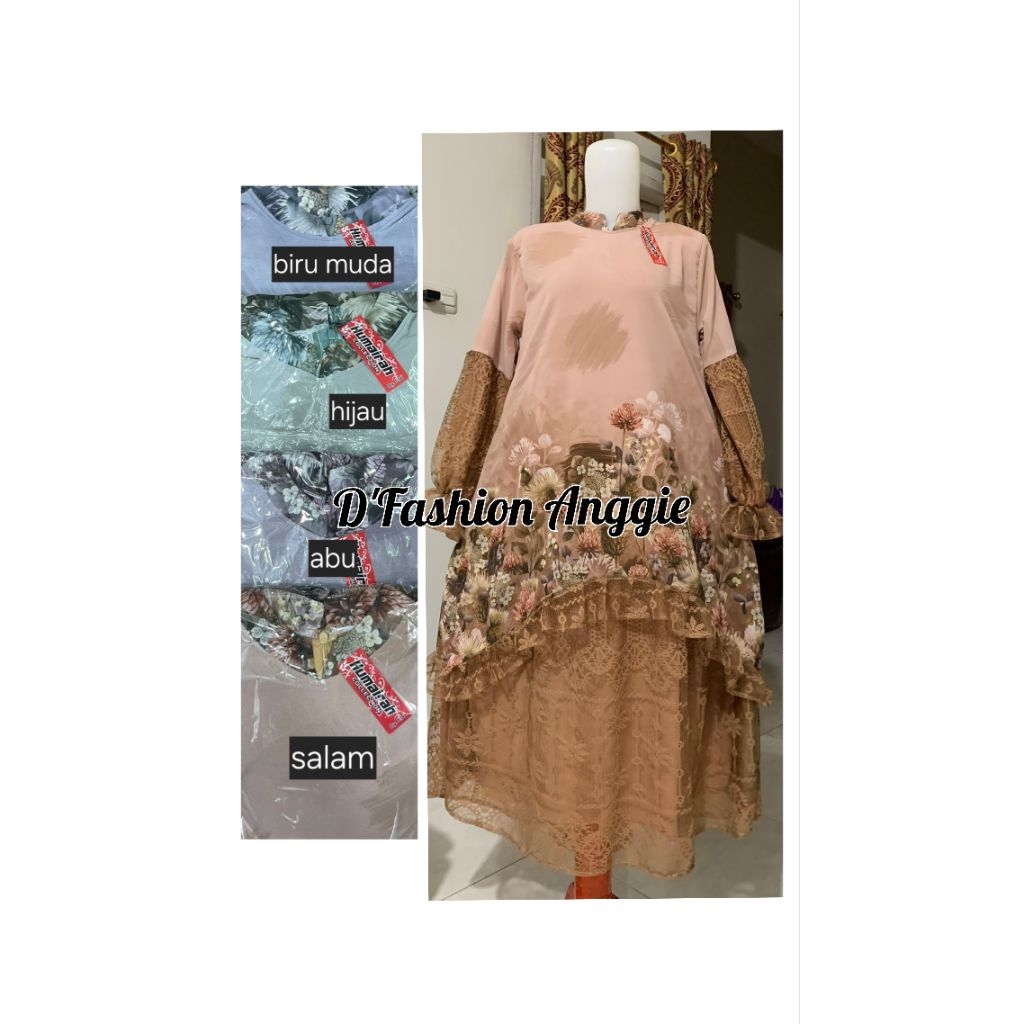 Gamis anak perempuan model melayu / malaysia bahan sruty printing mix brokat , motif terbaru dan ter