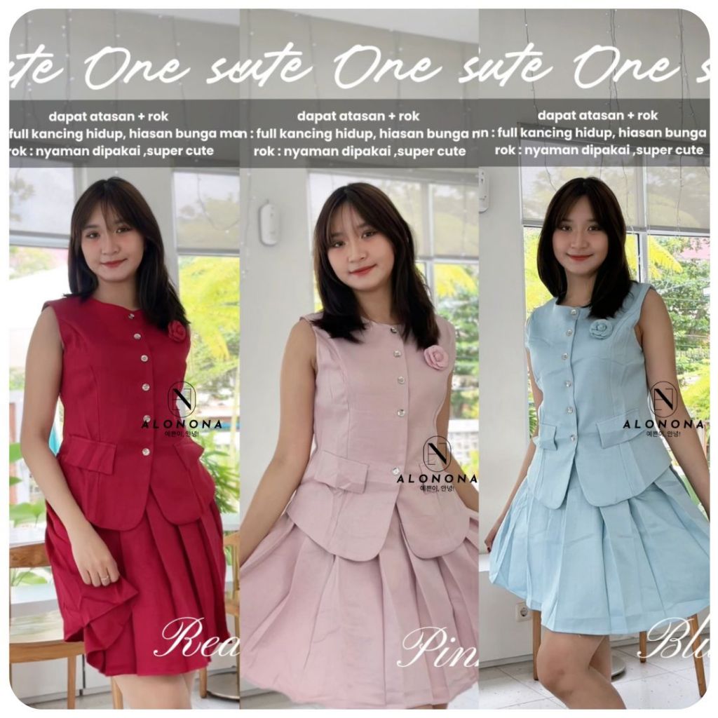 TANIYA ONE SET PAKAIAN WANITA BAJU IMLEK CNY MAROON MERAH RED BABY BLUE PINK ROK CELANA VEST