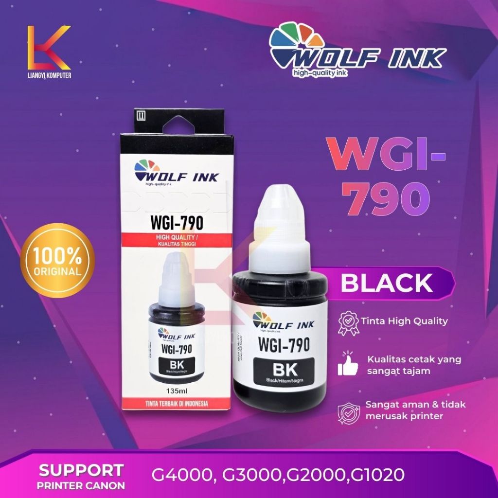 WOLF INK Tinta Printer GI-790 Hitam Kompatibel Canon G Series Hemat Tajam Canon G1000 G1010 G1100
