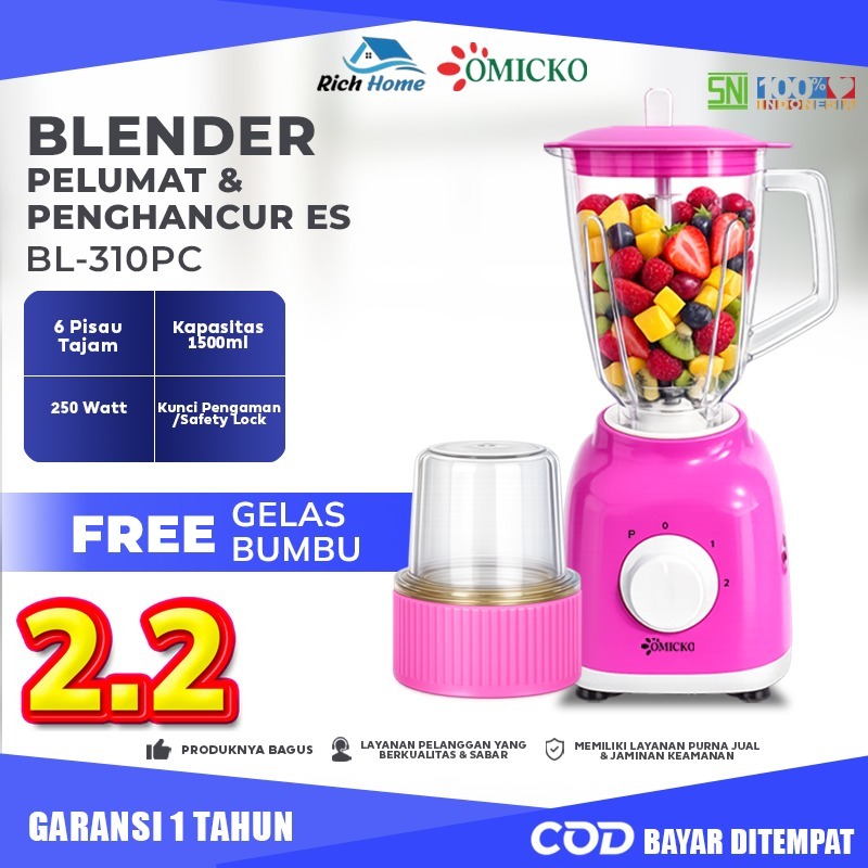 OMICKO Blender BL-310PC Pink 1500ml 6 Pisau Stainless | Blender Buah Bumbu Es | OMICKO BL-310PC Pink
