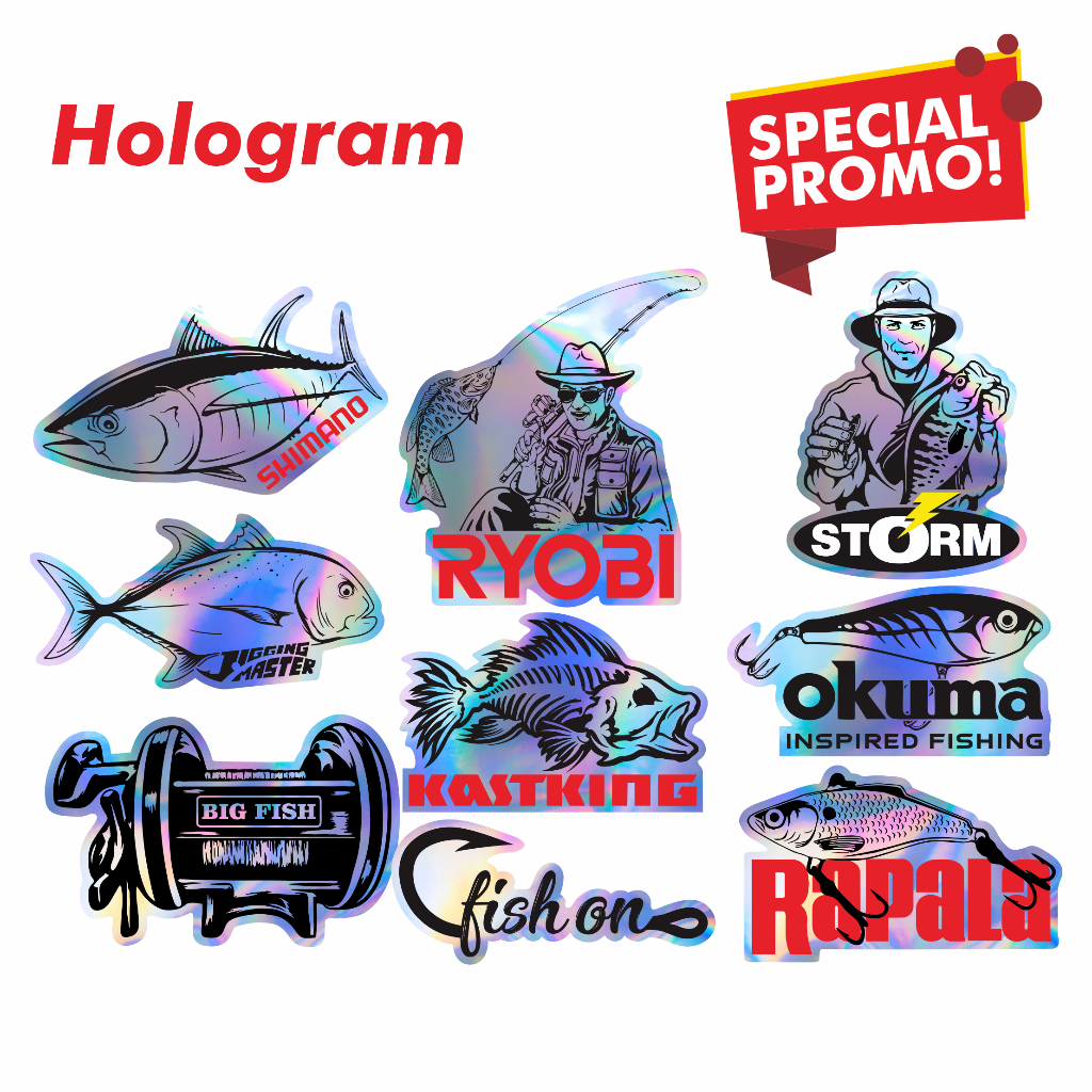Sticker Hologram Pancing Pack Logo Brand Terkenal - Tackle Box, Kotak Lure, Kayak
