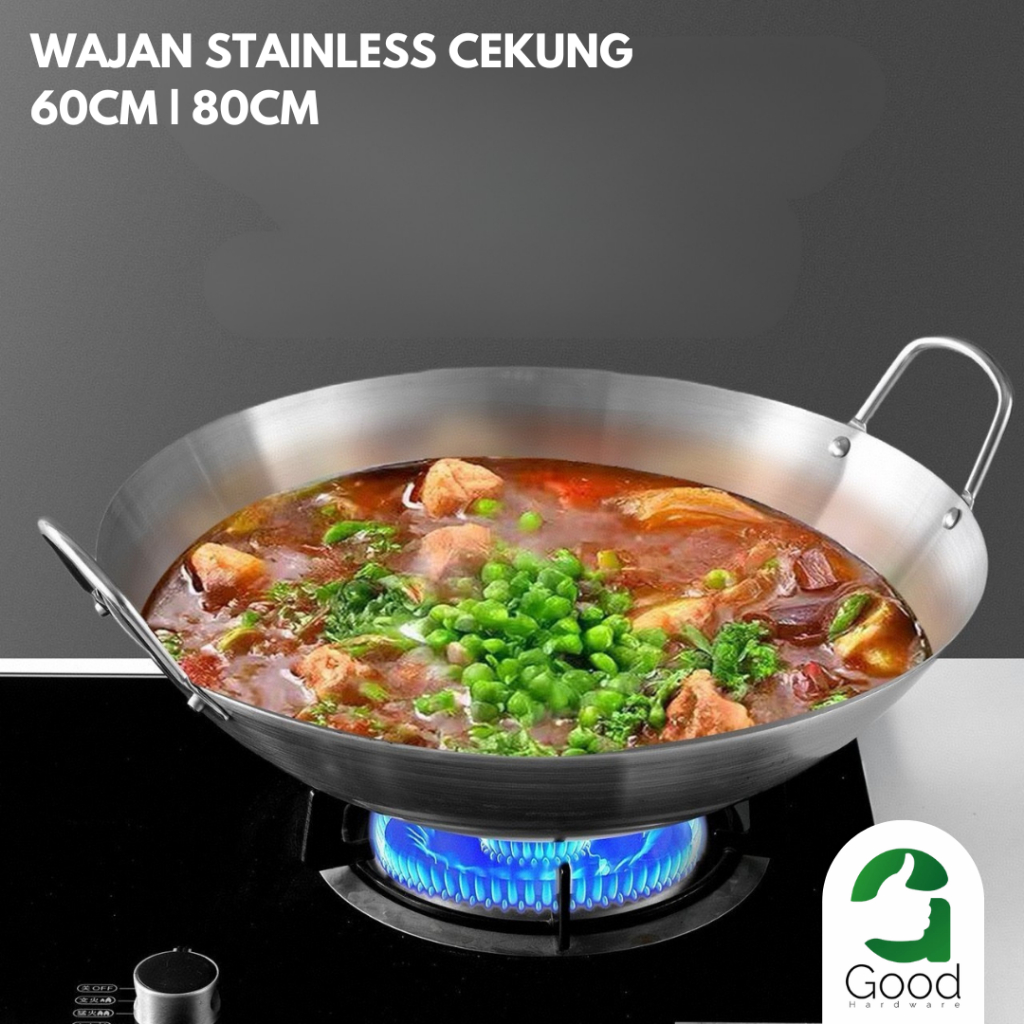 Wajan Kuali Stainless Steel Tebal Wajan Wok Dapur MBG Wajan Penggorengan Jumbo Besar