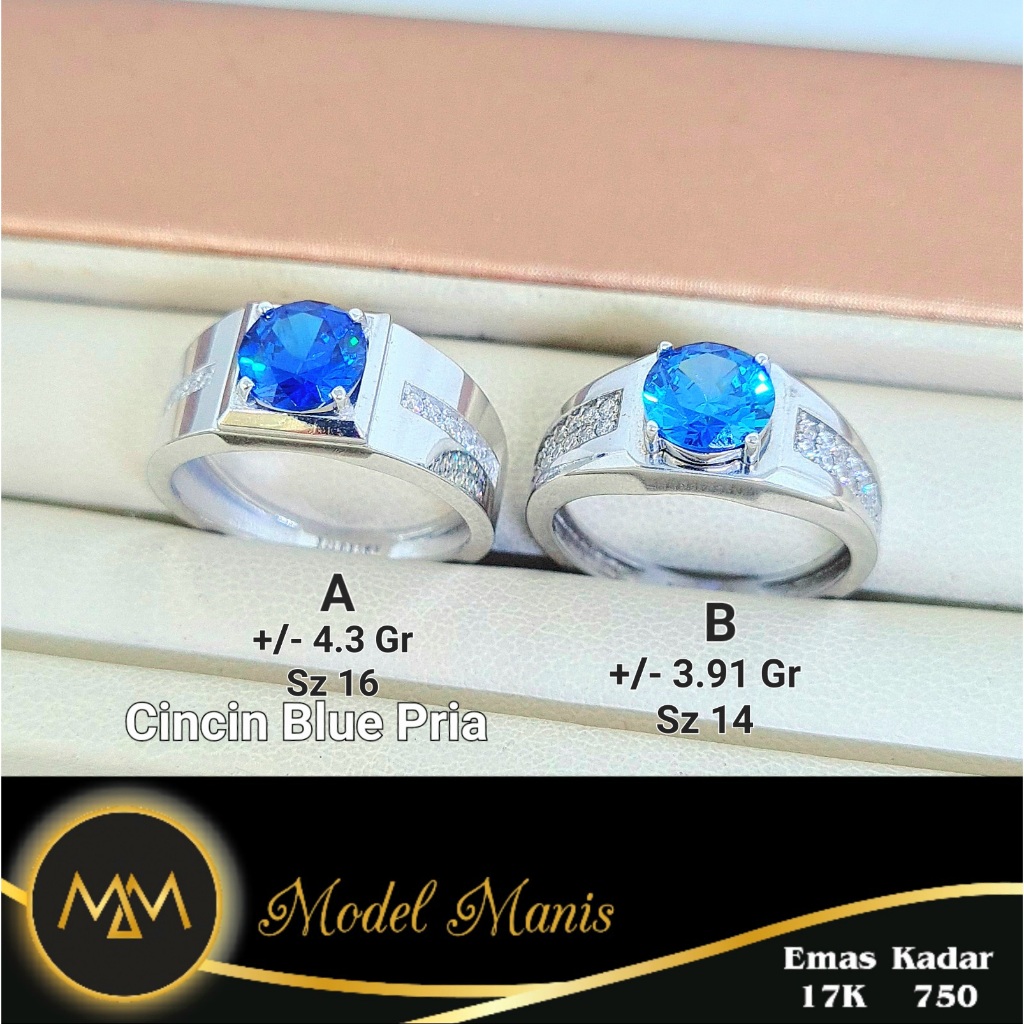 Model Manis Gold - Cincin Pria Royal Blue Putih - Emas 17k  750