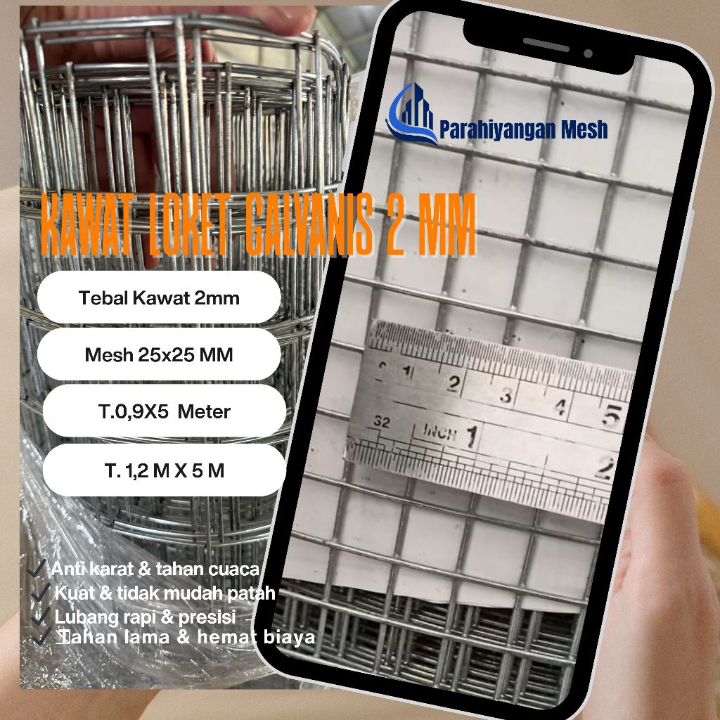 Kawat Loket Wiremesh Galvanis Tebal 2 mm - Kotak 25x25mm, Termurah Hotdip Galvanis