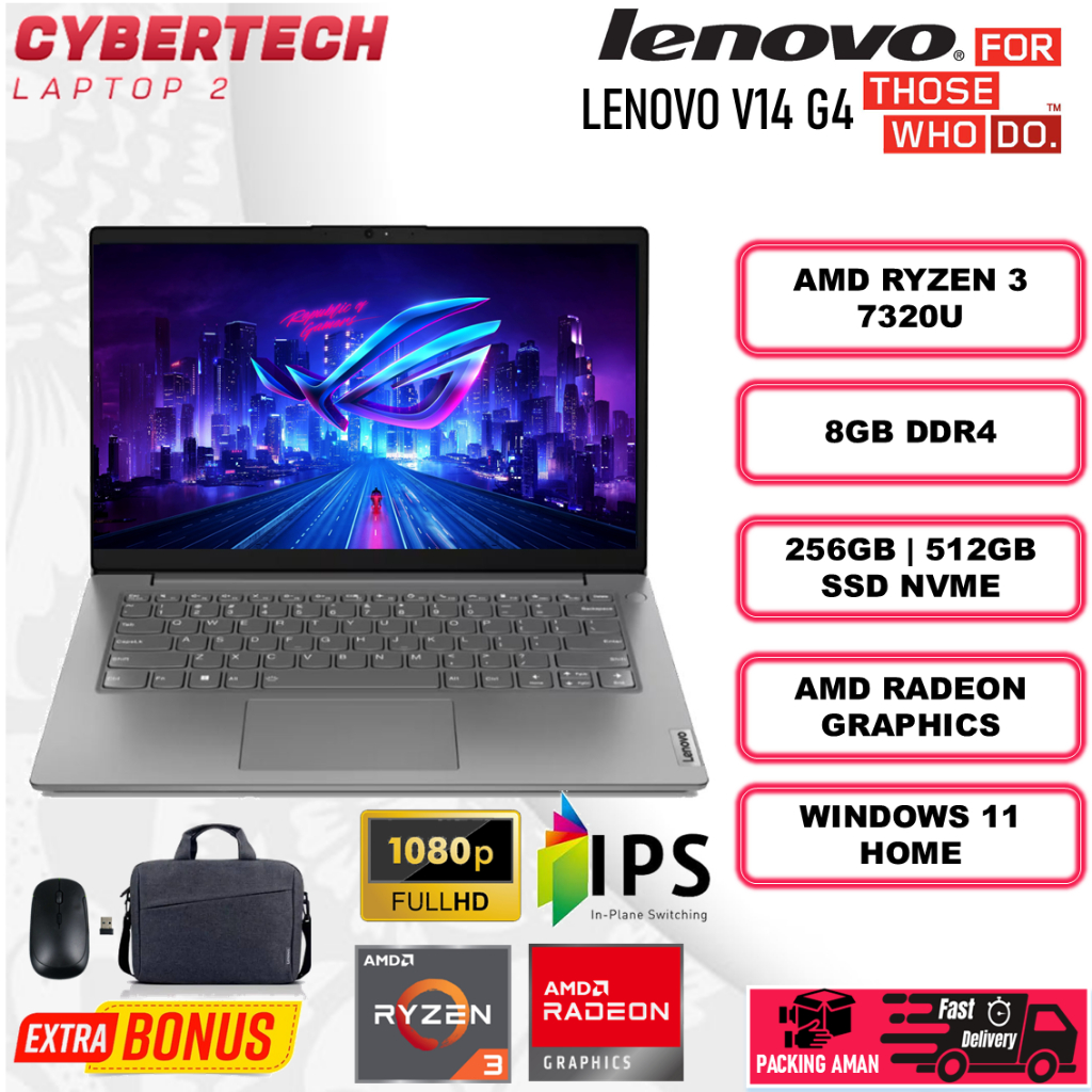 Laptop Baru Lenovo V14G4 AMD RYZEN 3 7320U Ram 8Gb Ssd 512Gb 14" Full Hd Win 11 Artic Grey