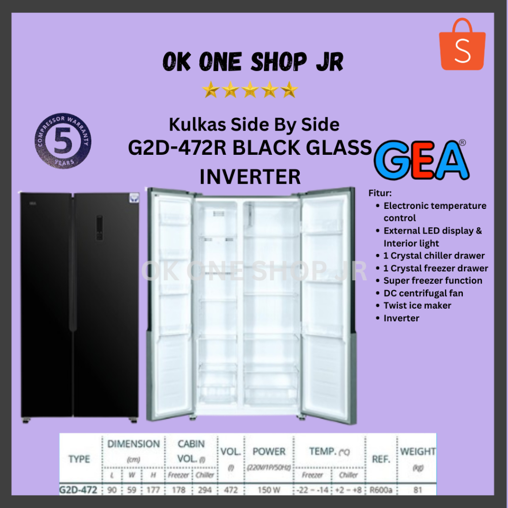 GEA Kulkas SBS G2D-472R BLACK GLASS / G2D 472 INVERTER