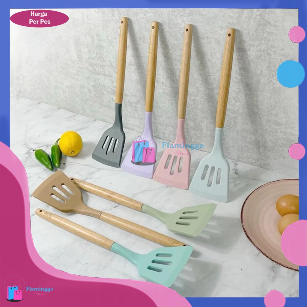 Sodet Silikon Gagang Kayu / Sodet Silikon Tahan Panas / Spatula Silikon Tahan Panas / Sutil Silikon 