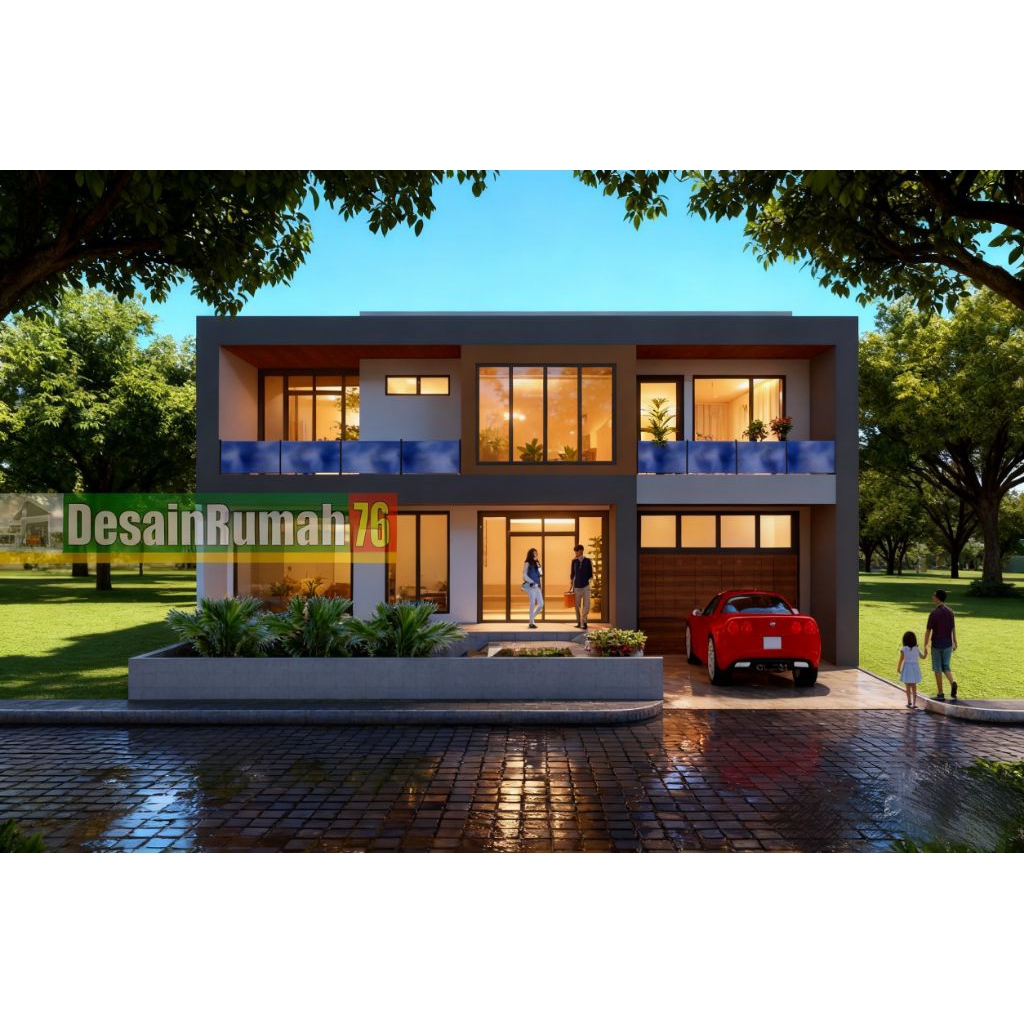 Paket desain rumah tropis 2lantai, 15x14 m2, 5 kamar tidur. desain rumah 3D ekaterior + gambar kerja