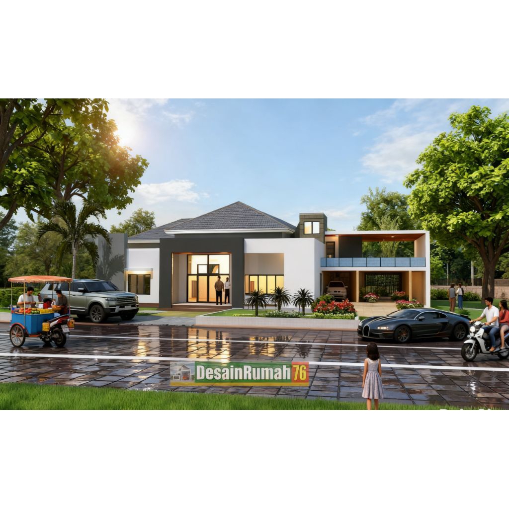 Paket desain Rumah tropis 18x18, 4 kamar tidur, area game. gambar lengkap ( desain 3D eksterior+gamb