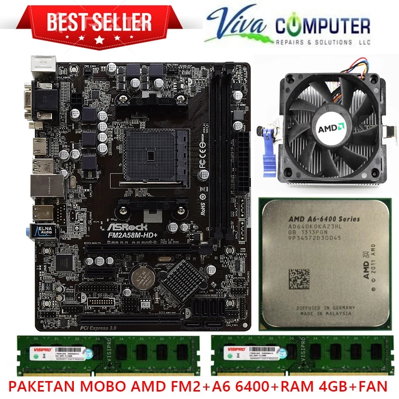 PAKETAN MOBO FM2 A6 6400 RAM 4GB/Paket motherboard mobo FM2 plus + processor A6 6400 + RAM 4GB + FAN
