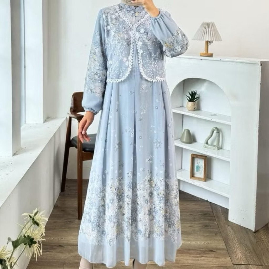 Gamis wanita longsleeve lengan balon outer vest dress panjang gamis lebaran