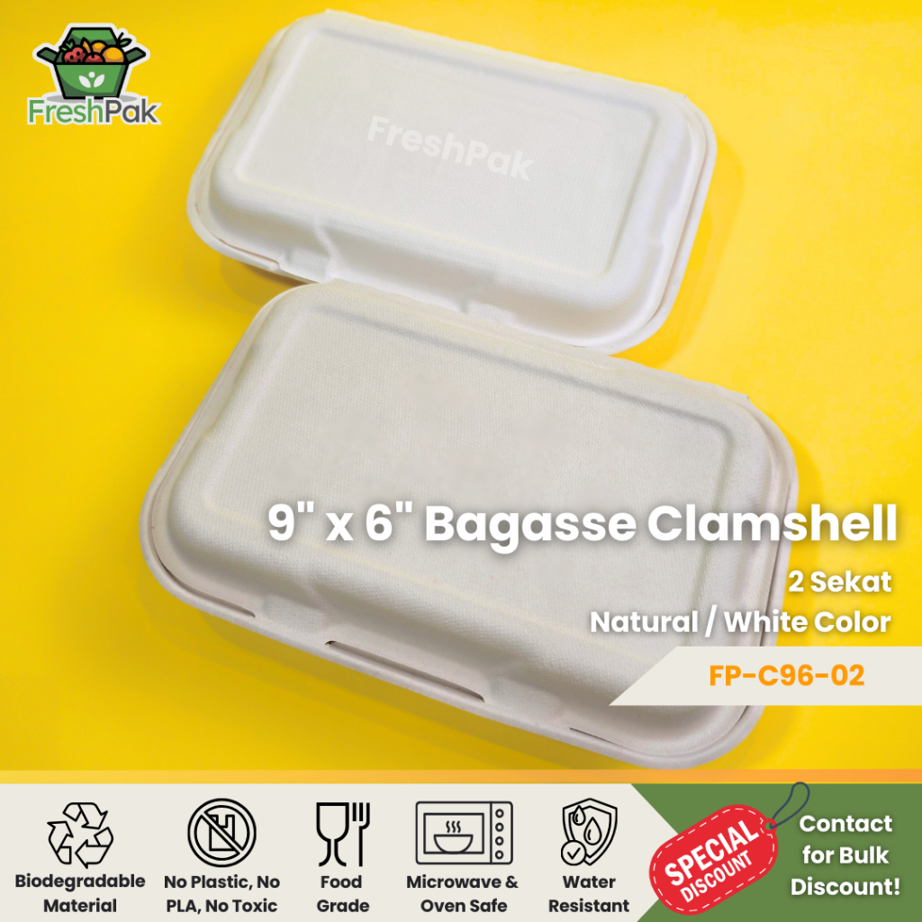 FreshPak Bagasse Lunch Box Clamshell 9" x 6" 2 Sekat Sugarcane Eco Friendly Food Packaging