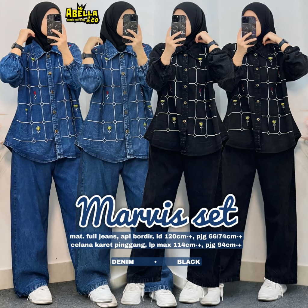 MARVIS SET ORIGINAL BY ABELLA&CO BAHAN MAT. FULL JEANS APL BORDIR CELANA KARET PINGGANG