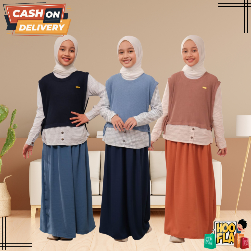 Baju Gamis Muslim Anak Perempuan 3 in 1 Setelan Rok Blouse Rompi Umur 3-12 Tahun Lebaran Ayumi