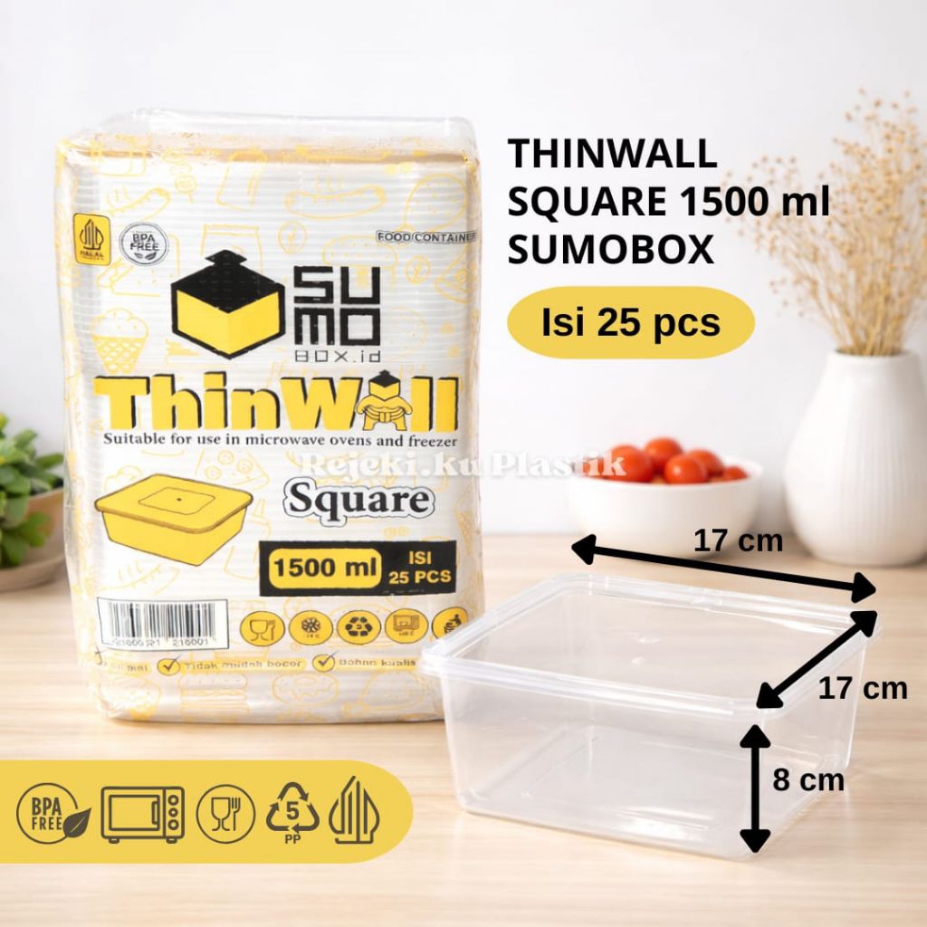 Thinwall SumoBox Kotak 1500ml Square 25 pcs| Wadah Makanan Plastik Bening Tebal Food Grade BPA Free