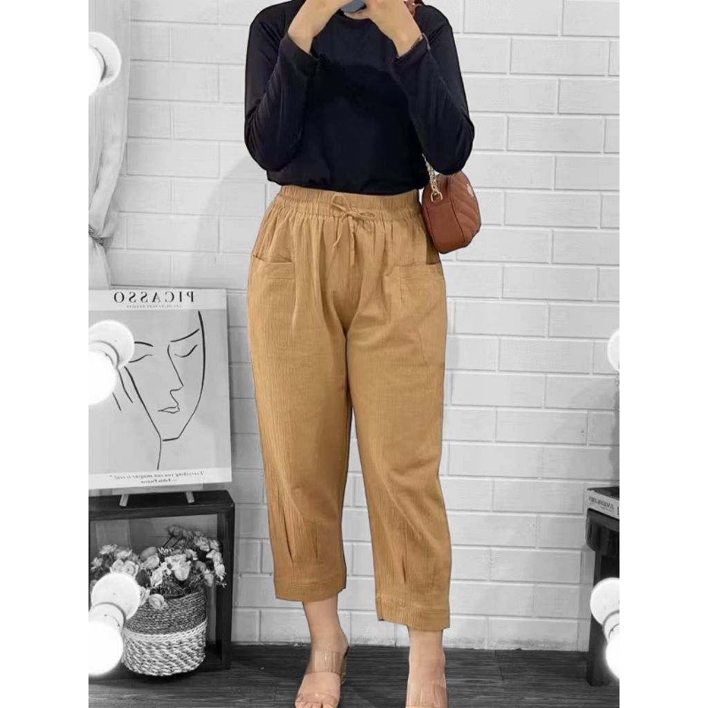 celana 7per9 crigkel linen katun ringan tidak menerawang celana wanita