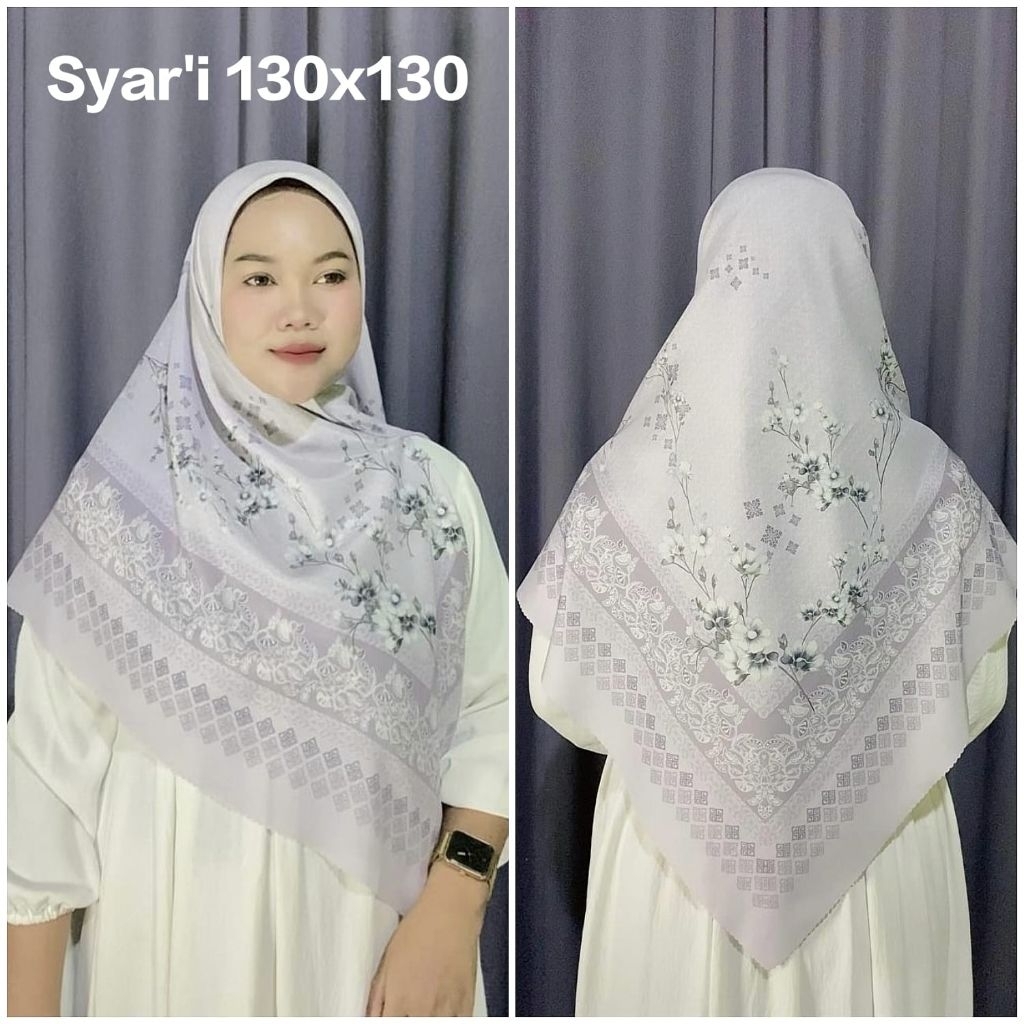 KERUDUNG SYAR'I JUMBO HIJAB SEGI EMPAT MOTIF BUNGA TALITHA UNGU LILAC UK 130x130 SYARI