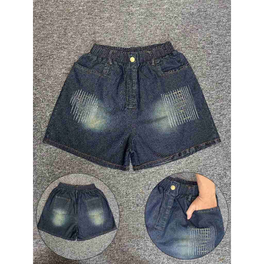 HPSB - Hot pants jeans high waist model bordir garis - celana pendek wanita bahan jeans denim - cela