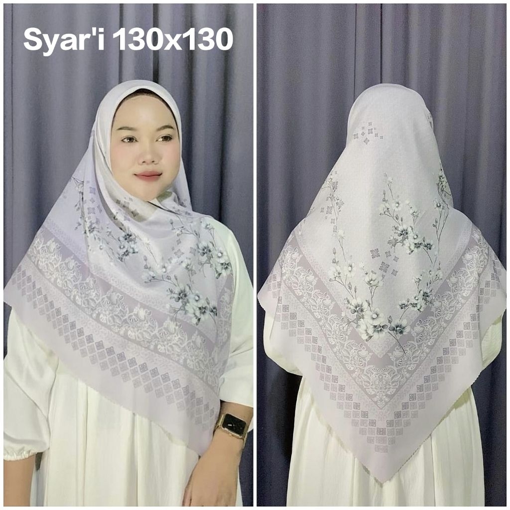 HIJAB SEGI EMPAT SYAR'I JUMBO VOAL SUBLIME MOTIF BUNGA TALITHA UNGU MUDA LILAC