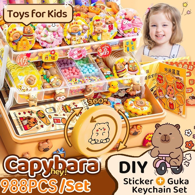 988Pcs Diy Gantungan Kunci 3D Capybara Set Lengkap Krim Guka + Kartu Stiker Kotak Kemasan Mainan Kreatif Edukasi Hadiah Untuk Anak Perempuan 6