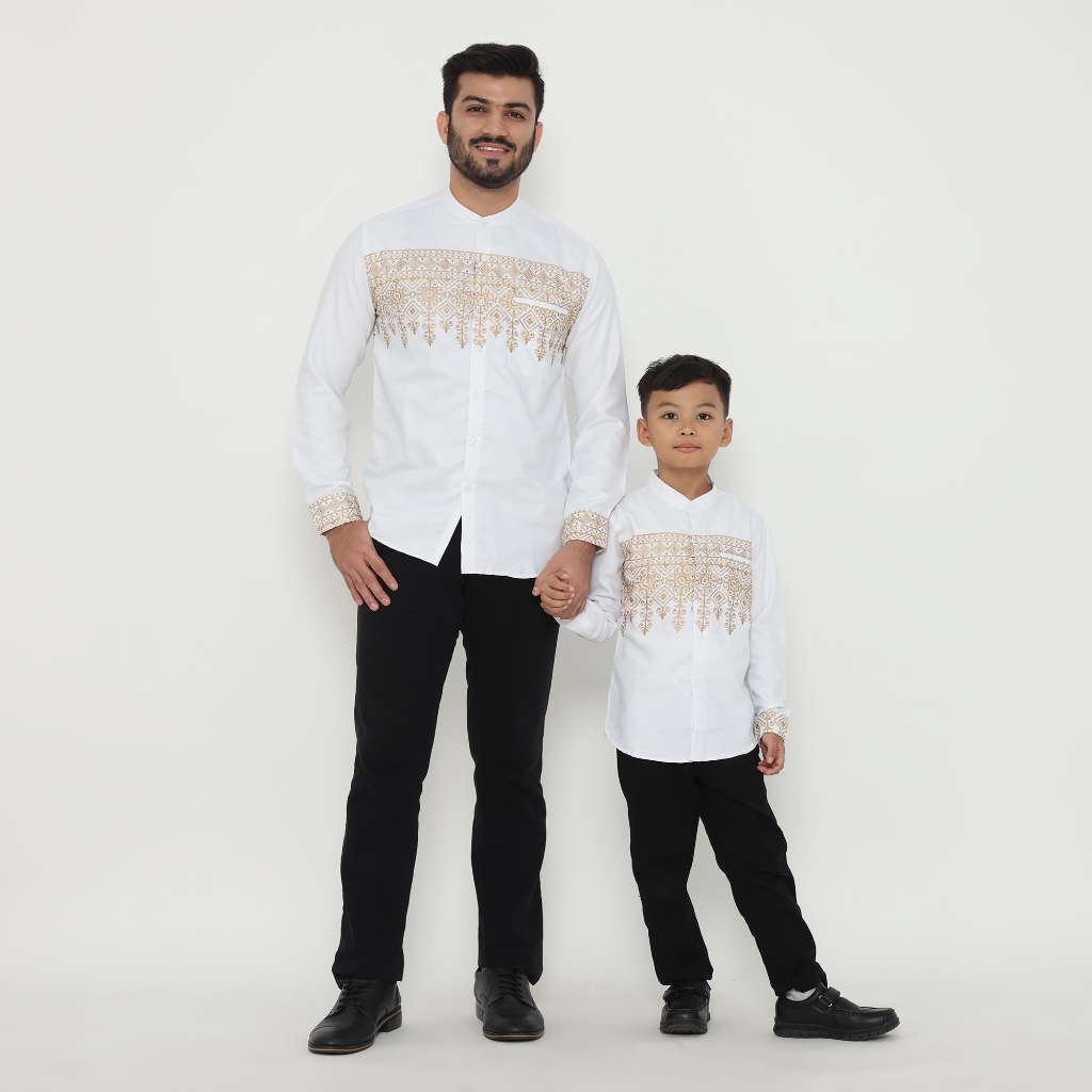 Dancus Kemeja Koko Couple Ayah Anak Lengan Panjang Motif Bordir Warna Putih Emas OLRM287