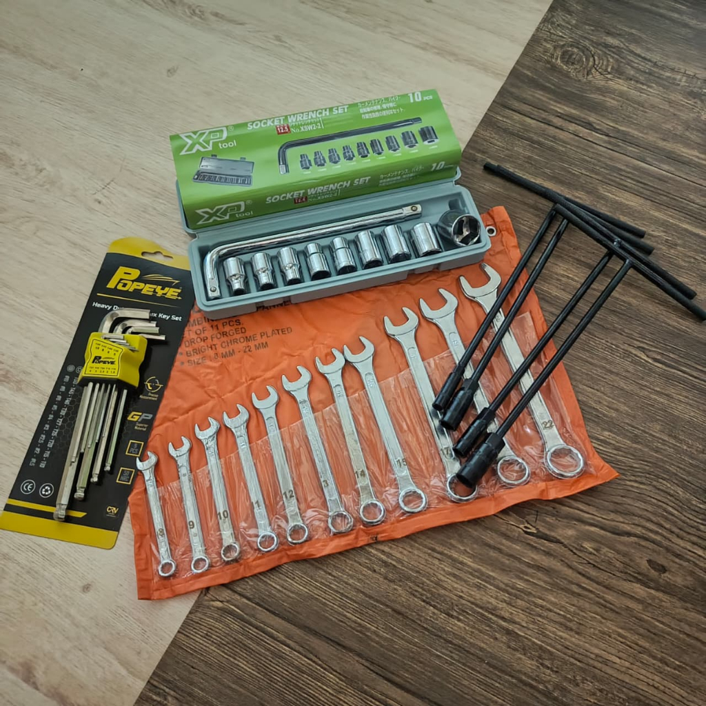 PAKET MURAH Kunci Shock Sock Set 10 Pcs+Ring Pas Set 8-22Mm + Kunci L + Kunci T 4pcs/ Alat Perbaikan