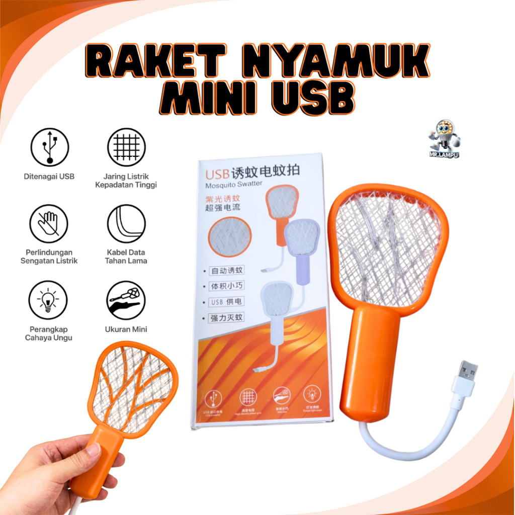 Raket Nyamuk Listrik Mini USB Lampu UV Anti Nyamuk Portable | Setrum Kuat | Aman & Praktis