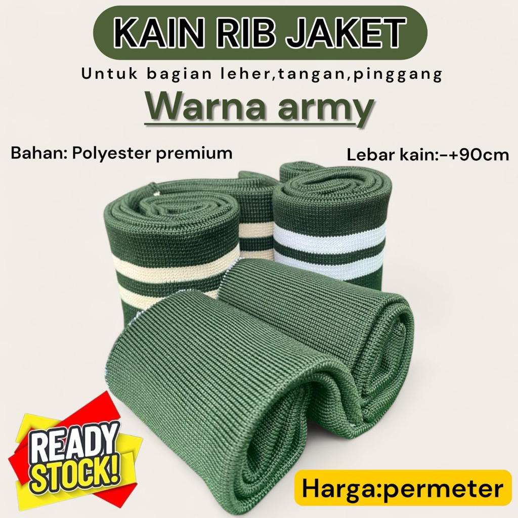 Meteran Kain Rib Bur warna Hijau Army polos dan salur Poliester Tebal Premium