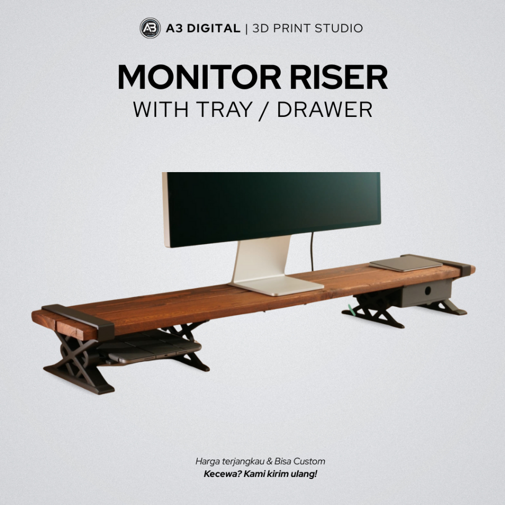 Monitor Riser dengan Tray & Laci – Dudukan Layar Estetik & Fungsional | Custom 3D Print + Kayu