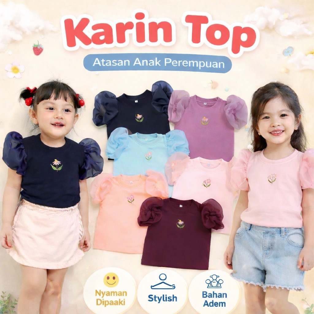 Karin Top | Atasan Anak Perempuan 2–7 Tahun | Lengan Puff Tile | Bahan Adem Nyaman