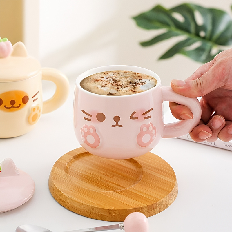 PP Cangkir Gelas Keramik Pink/Kuning Lucu Kucing Cute Mug Cup Kado Ulang