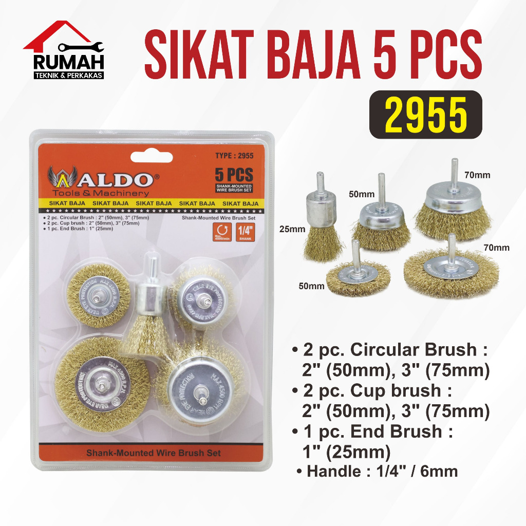 SIKAT BOR BAJA 5 PCS 2955 / mata sikat kawat bor baja / sikat baja mangkok bulat