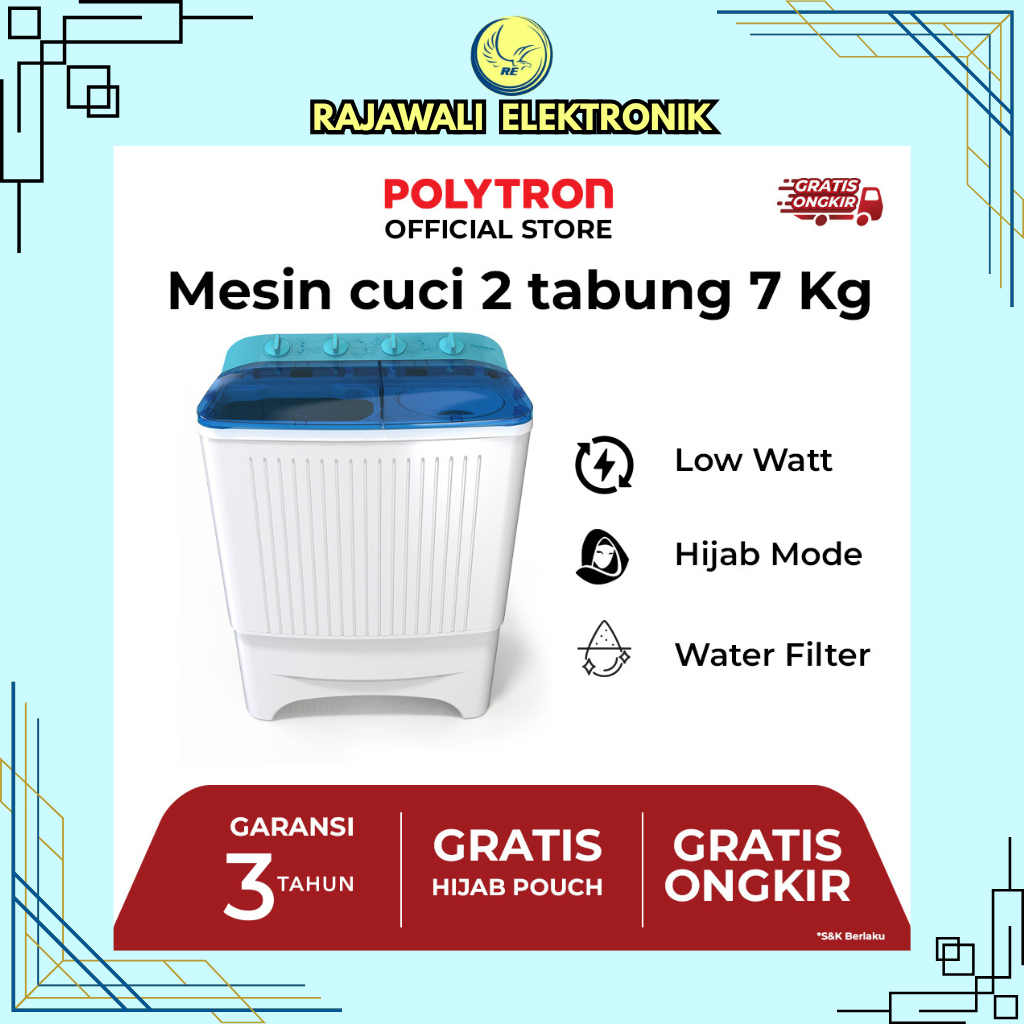 INSTANT READY Polytron Mesin Cuci 2 Tabung 7KG PWM-7072B / PWM 7072 B / PWM7072
