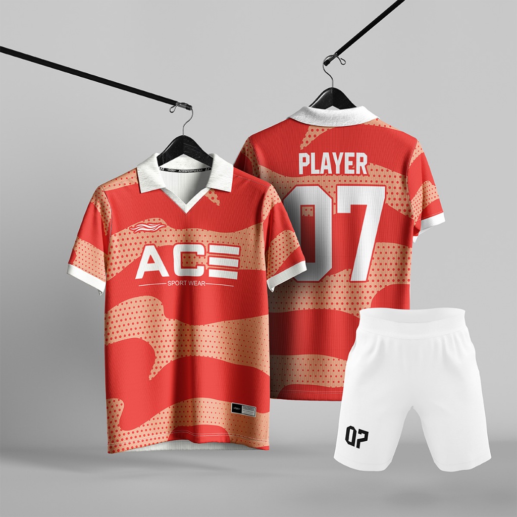 Jersey Futsal Seragam Tim Unisex Merah Orange Motif Camo Dotted Kerah Polo Putih